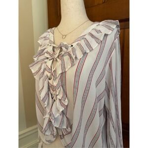 American Eagle Striped Flowy Peasant Top‎ Womens L White Ruffle Cropped Blouse